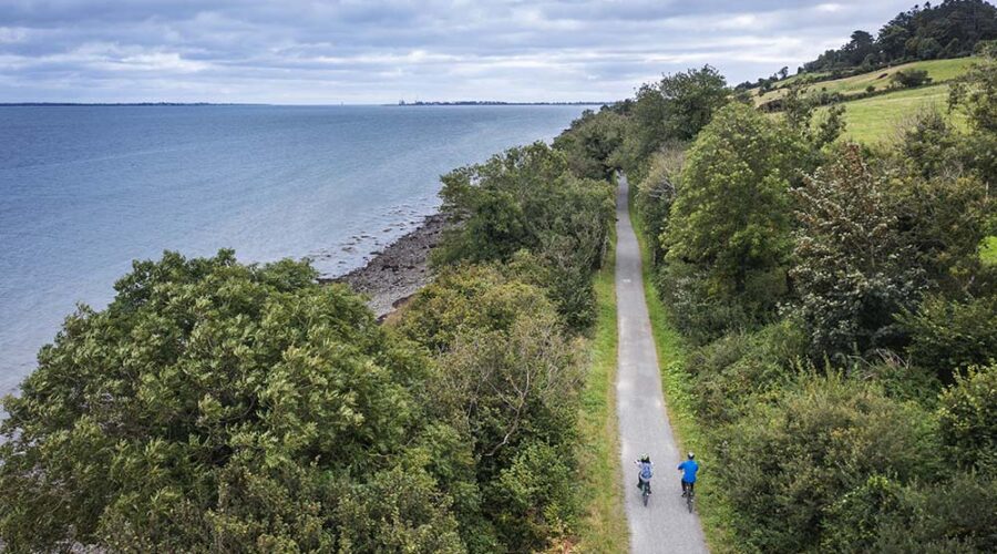 Aerial views of Carlingford Lough and Greenway with cyclists.