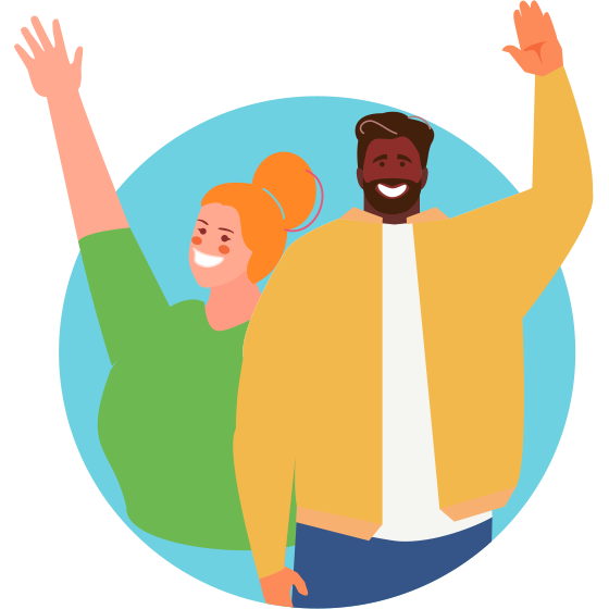 A cartoon of a woman and a man waving.