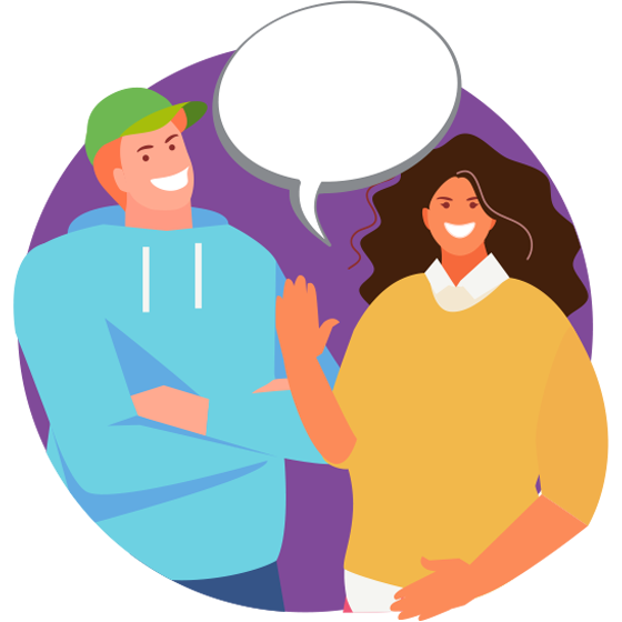 A cartoon of two people talking with a speech bubble in the centre.