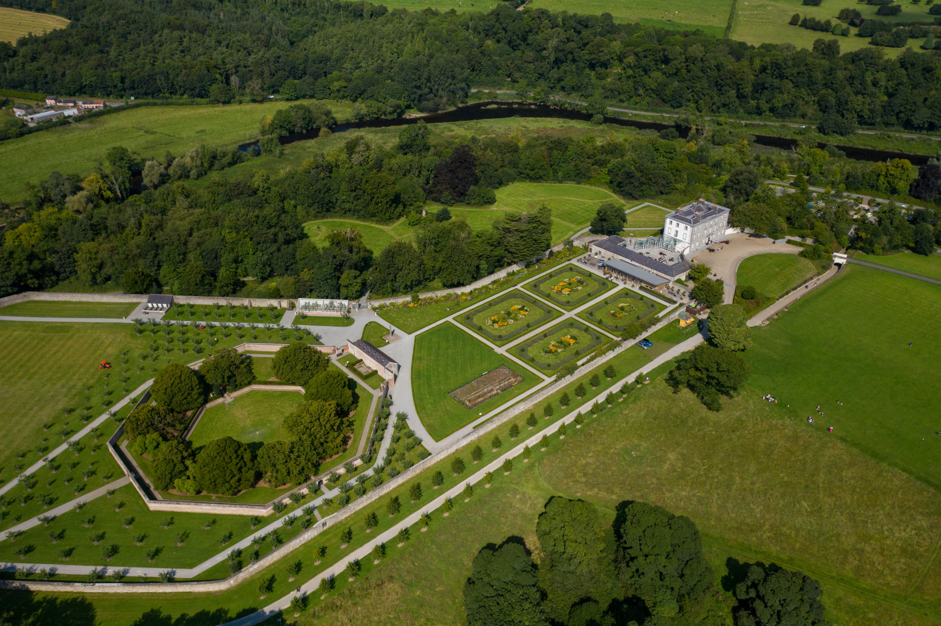 Aerial view of a castle and its grounds in Boyne Valley.
